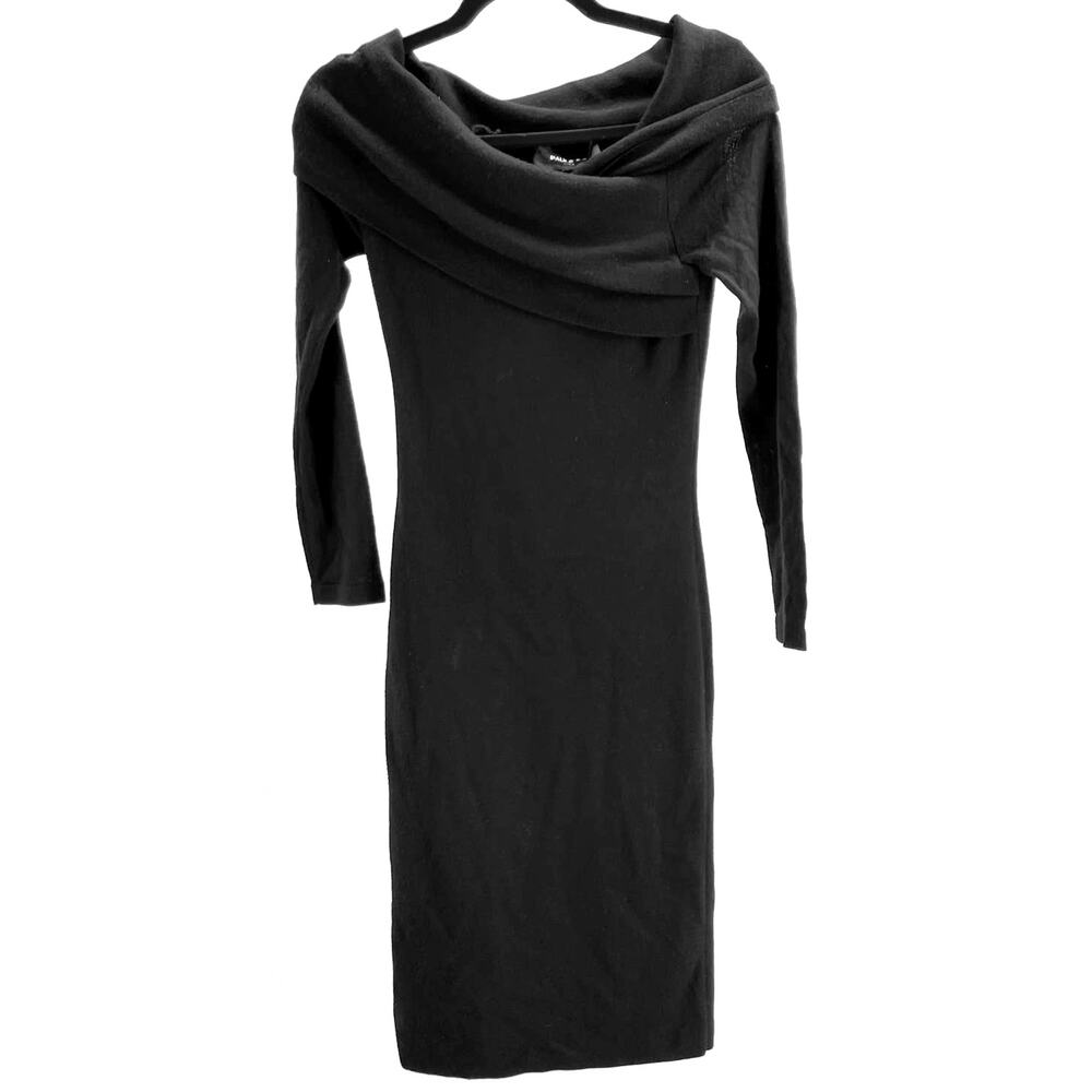 PAULE KA sz M black wool cowl neck layered shoulder long sleeve dress new B80